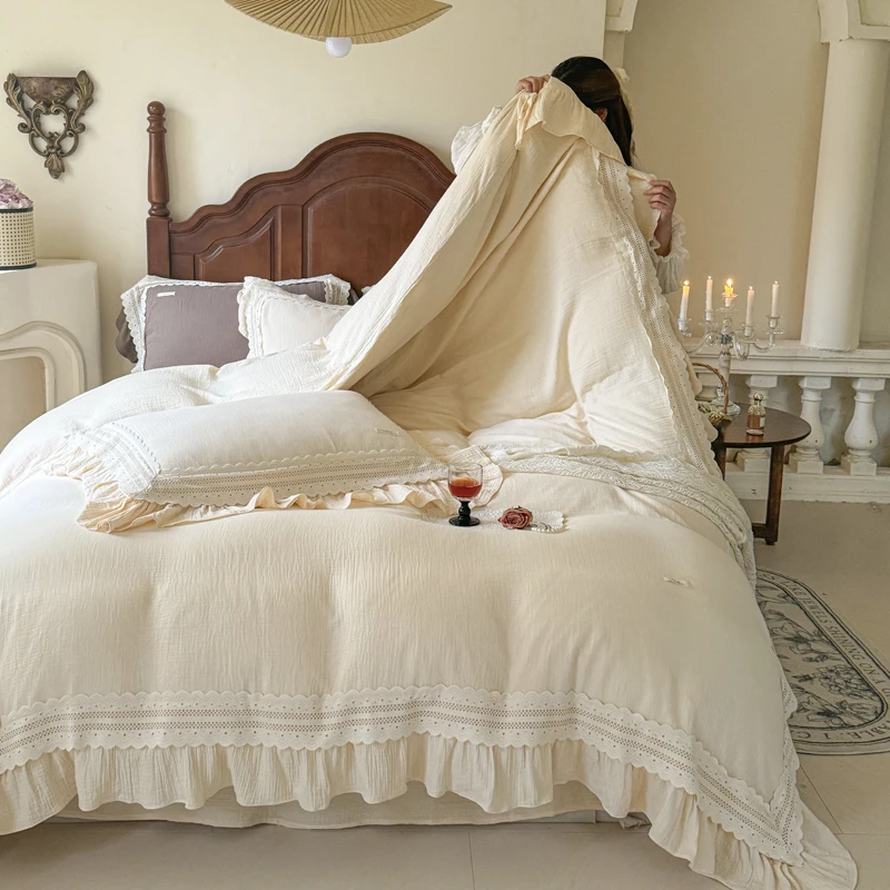 纯棉水洗皱皱纱四件套法式韩式少女心韩版荷叶边公主风小清新轻奢