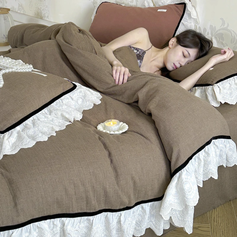 法式复古重工刺绣蕾丝花边款色织双层纱四件套美式纯色轻奢床上