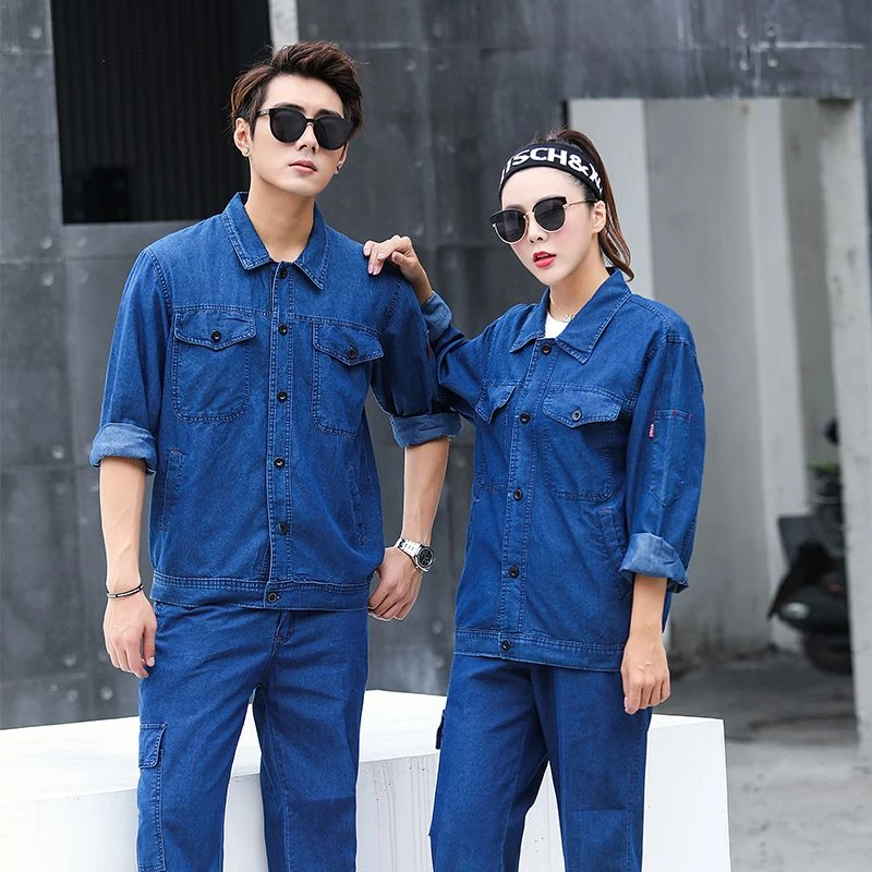 夏季电焊牛仔工作服套装男薄款劳保服焊工多口袋透气耐磨建筑工地