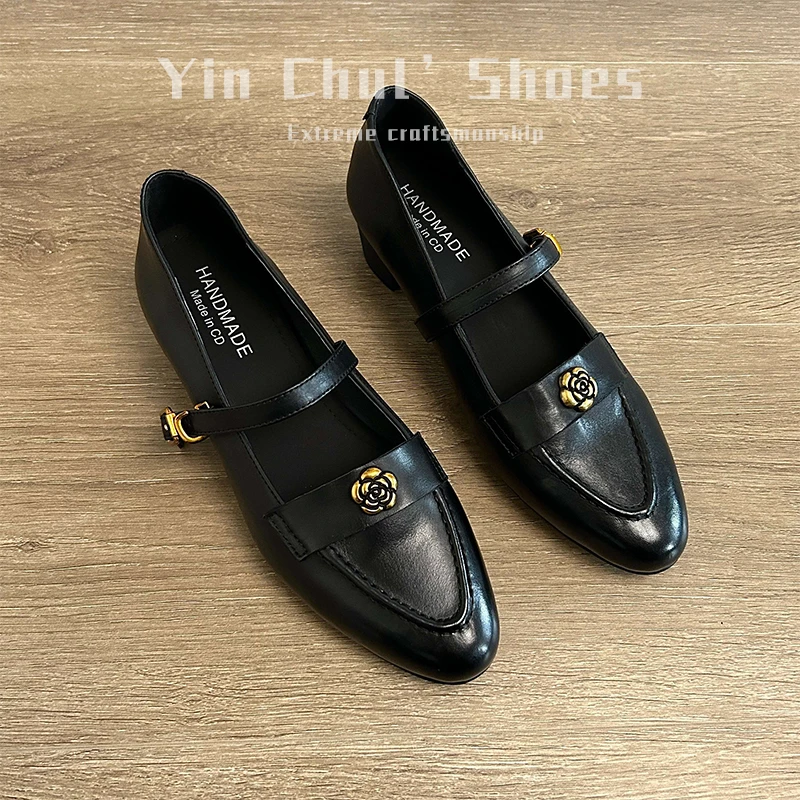 真皮牛皮【复古风】复古山茶花一字玛丽珍鞋女春秋新款英伦风单鞋