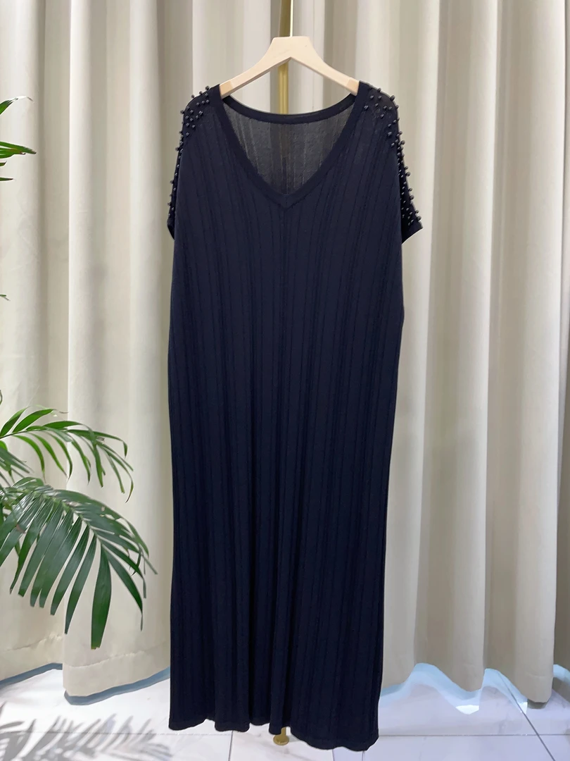 091#夏季黑色竖坑条纹显瘦遮肉宽松版中长款连衣裙