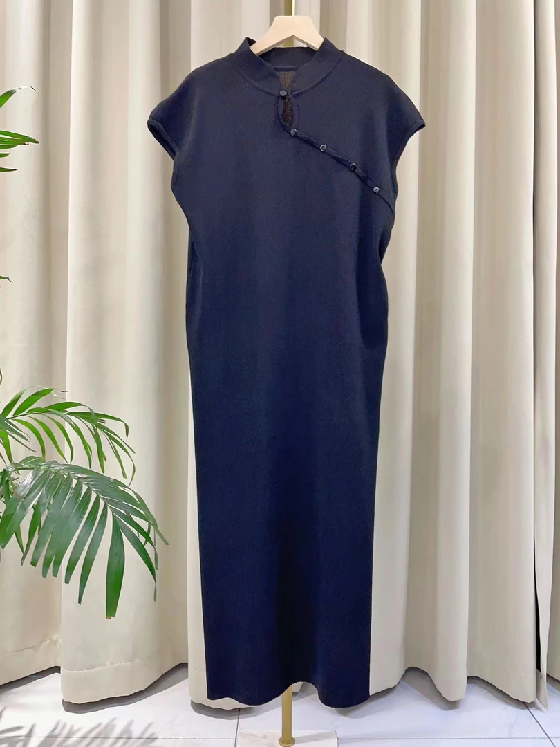 101#黑色新中式立领显瘦遮肉无袖连衣裙