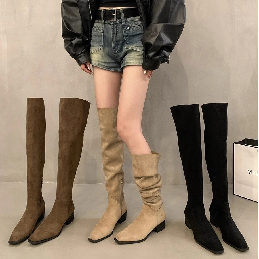 粗跟西部牛仔复古过膝长靴女鞋2024新款秋冬季堆堆靴长筒骑士靴子