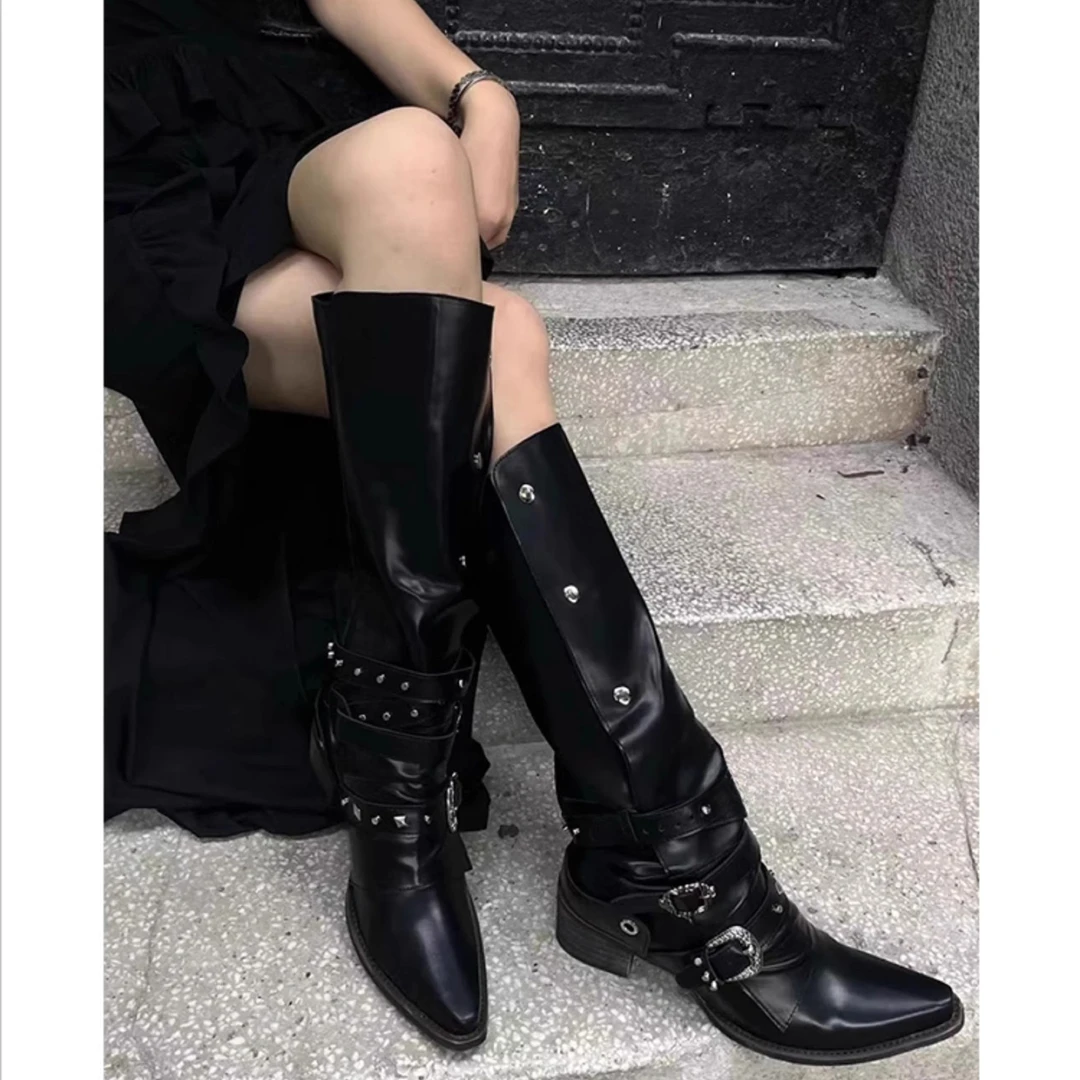 复古尖头辣妹粗跟骑士靴女雅丹两穿高筒靴朋克风长靴废土风靴子女