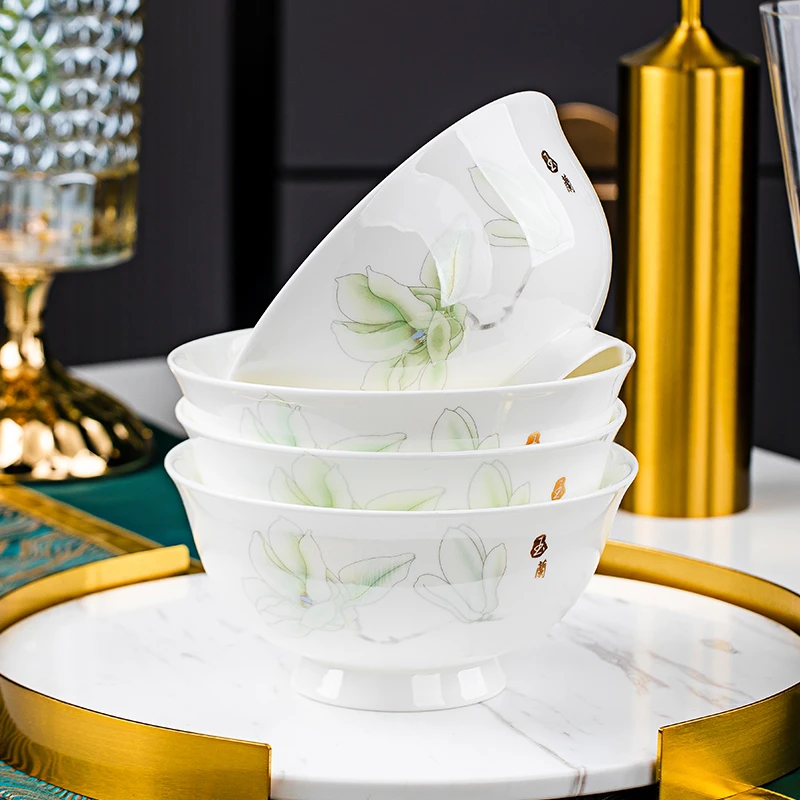 镁缘景德镇高温骨瓷【玉堂春】6英寸高脚面碗4个装大碗面条碗吃饭碗