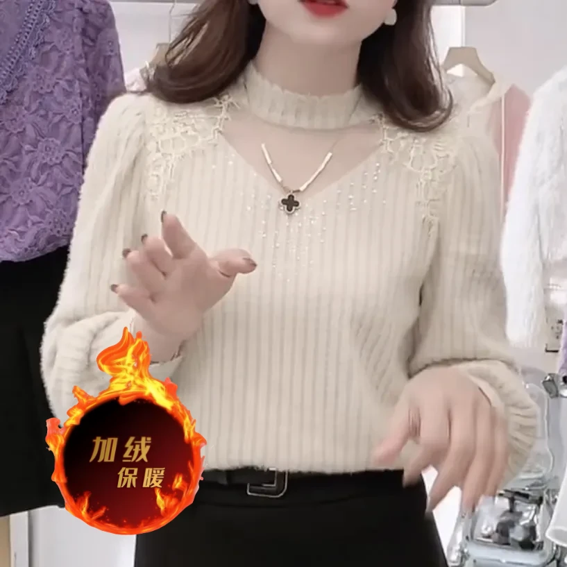 秋冬2024加绒长袖高档蕾丝打底衫女秋冬显瘦百搭保暖上衣
