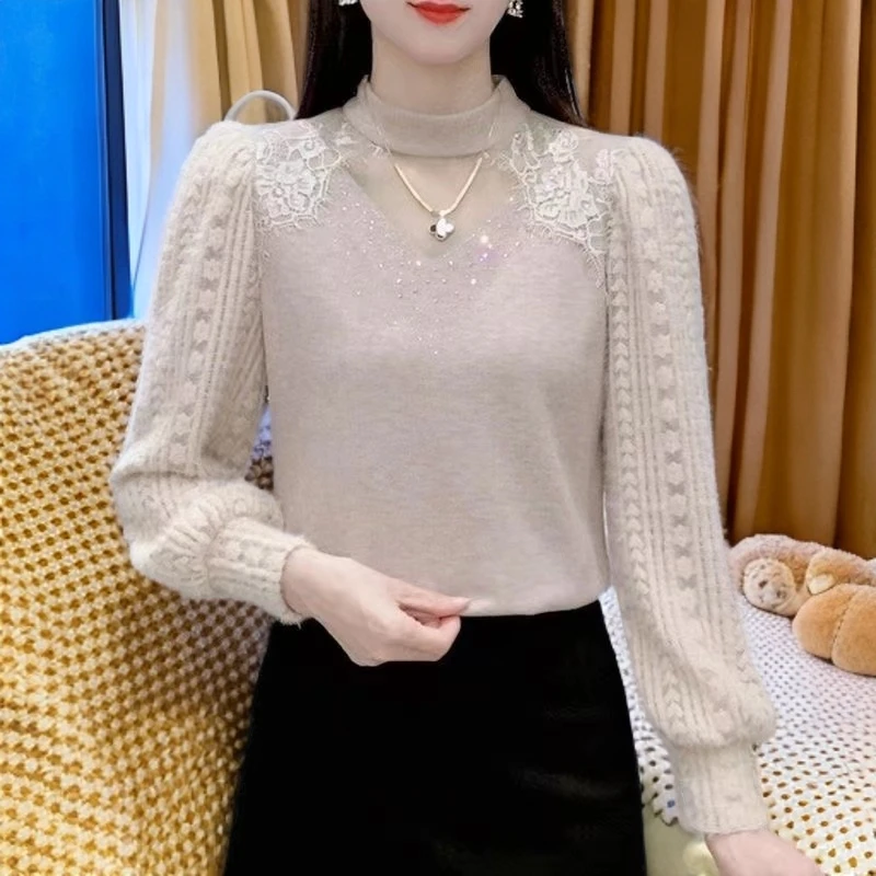 2025新款打底衫女款保暖洋气时尚百搭高领拼接加绒加厚蕾丝气质
