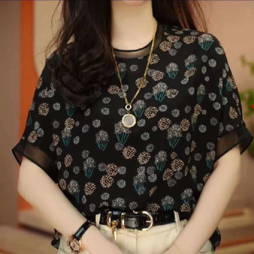 夏天高端妈妈雪纺宽松显瘦遮肚亲肤薄纱百搭短袖洋气韩版气质上衣