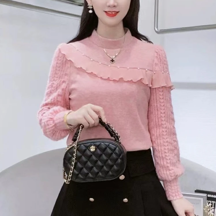 2025新加绒钉珠长袖上衣款韩版甜美小心机设计感高领针织荷叶秋冬