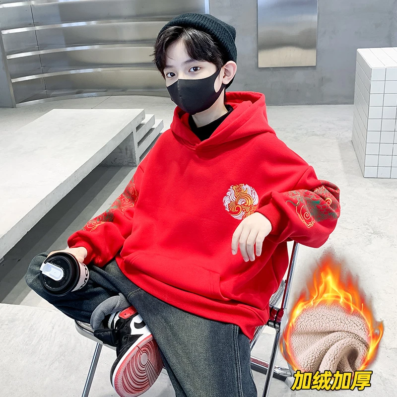 儿童装男童加绒卫衣冬装2024新款中大童红色年服上衣冬季加厚保暖