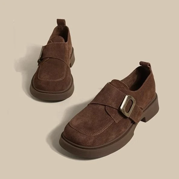 皮带扣厚底乐福鞋2025年春秋新款粗跟加厚勃肯鞋磨砂皮英伦风女鞋