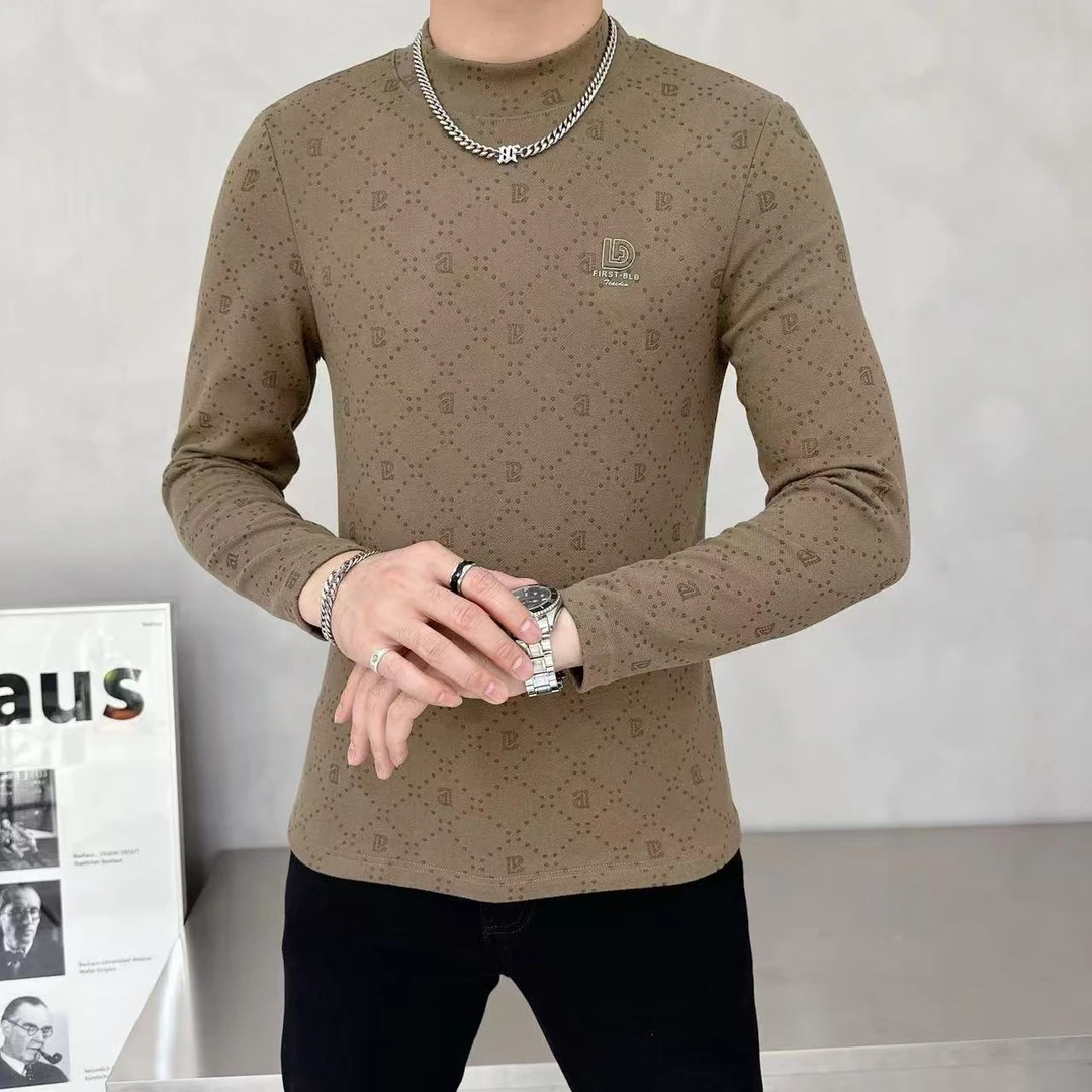 烧花一体绒半高打底衫男士长袖潮流保暖圆领套头修身休闲百搭时尚