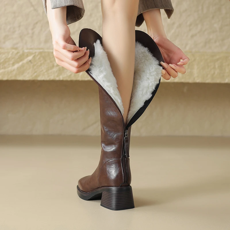真皮女款厚底高筒靴女2024冬季加绒保暖绵羊毛长筒靴粗跟骑士靴女