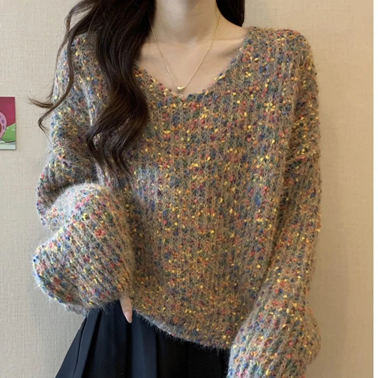 洋气秋冬新款彩点宽松百搭针织衫慵懒风百搭V领套头毛衣女上衣