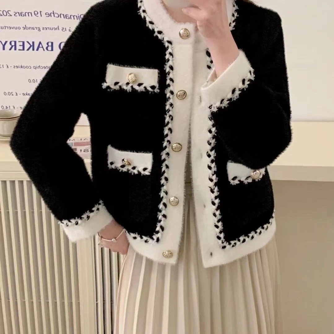 法式秋冬季新款高级感名媛小香风外套女小个子撞色外搭开衫上衣