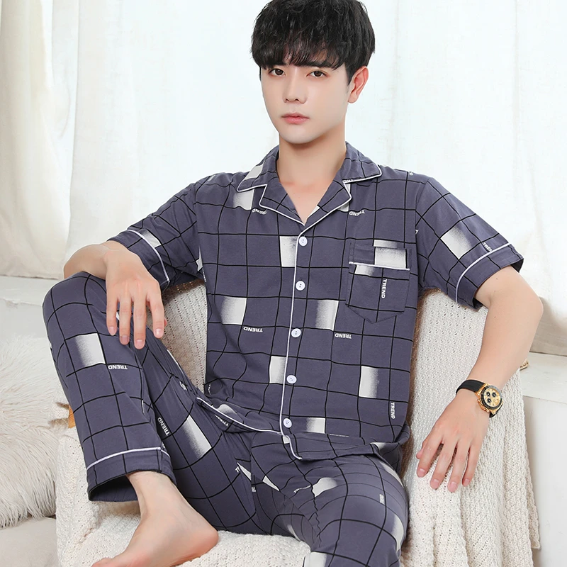 2024年新款男士睡衣纯棉夏季短袖长裤薄款全棉加大码家居服套装