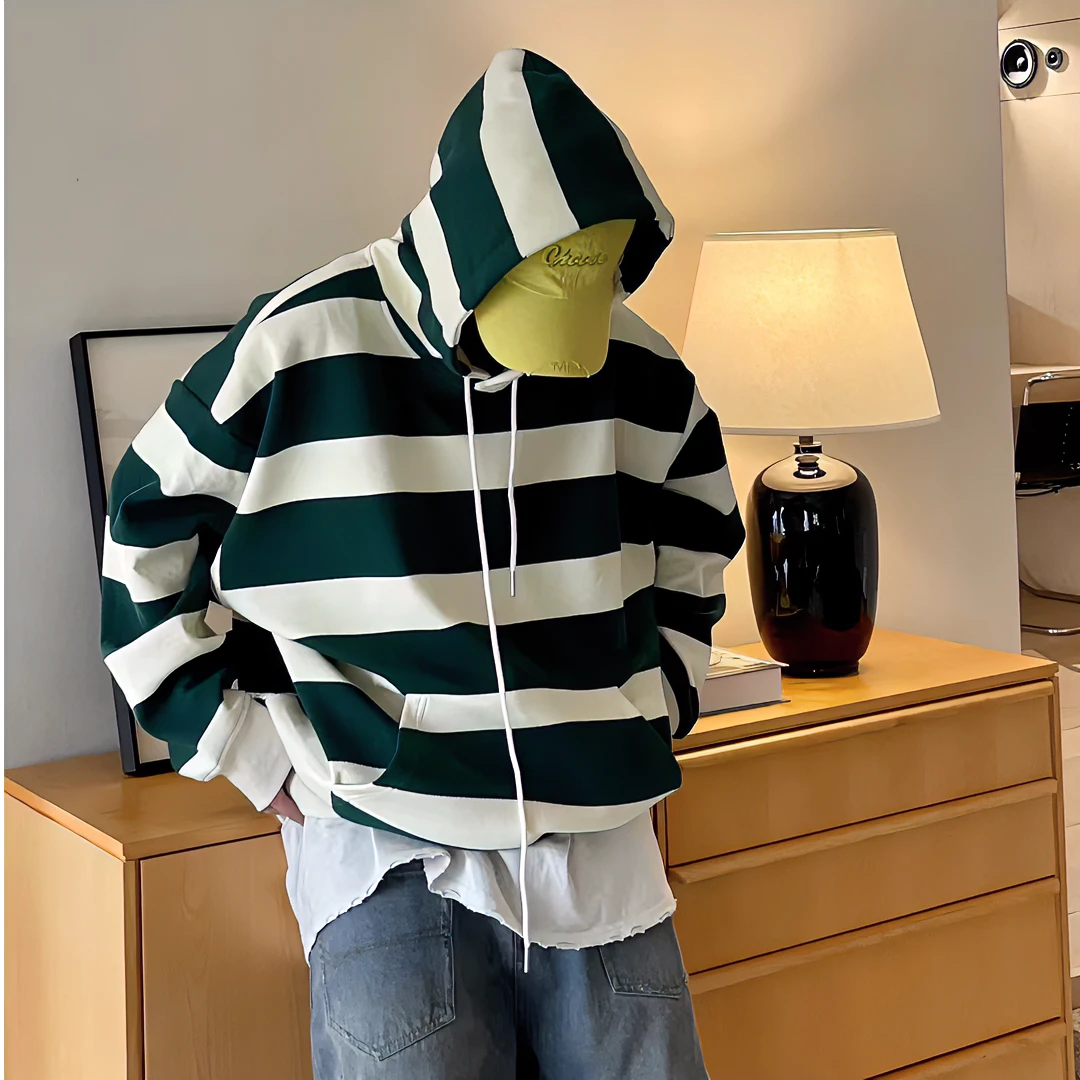 【条纹连帽加绒卫衣】潮牌宽松休闲加绒连帽卫衣套头男士上衣百搭