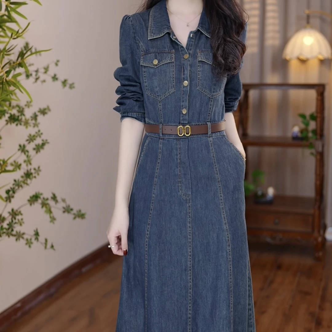 2025新款时尚百搭休闲显瘦牛仔蓝长袖连衣裙