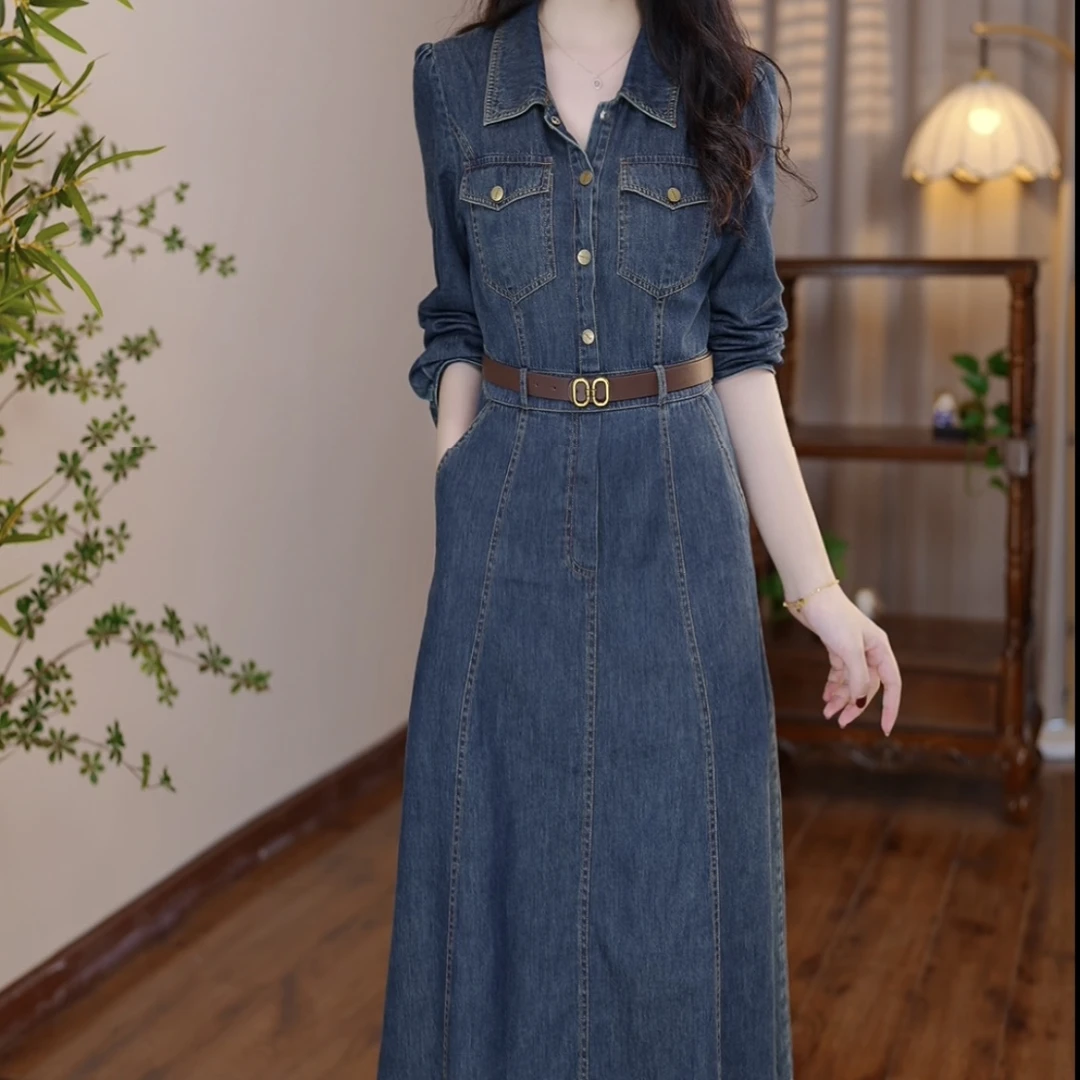 2024新款秋季时尚百搭休闲显瘦牛仔蓝长袖韩版连衣裙
