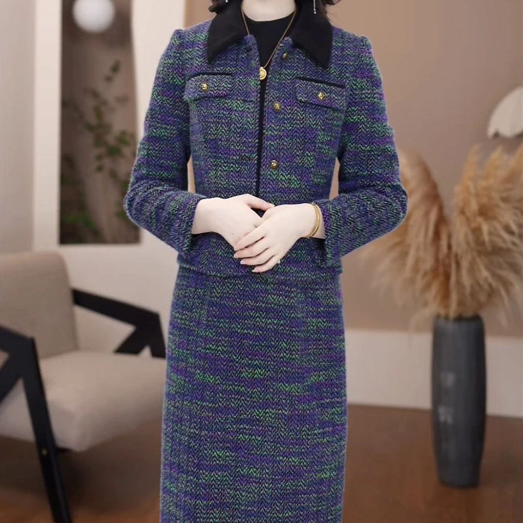 {两件套}2025新款秋冬气质优雅修身显瘦翻领连衣裙两件套