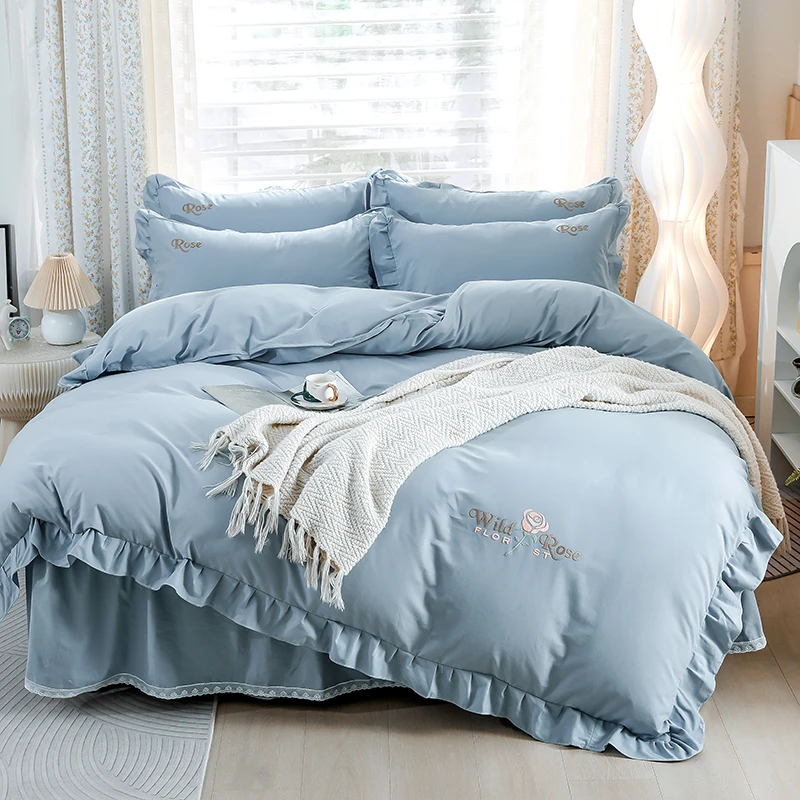 全棉磨毛蕾丝床裙四件套长绒棉公主风纯色纯棉加厚花边被套床罩