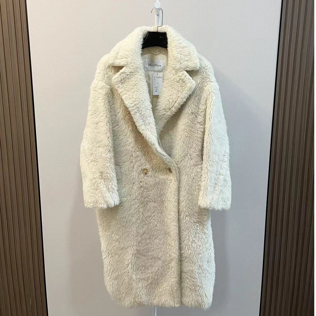 99新 MaxMara /白色泰迪双排扣长款羊驼毛大衣/尺码S