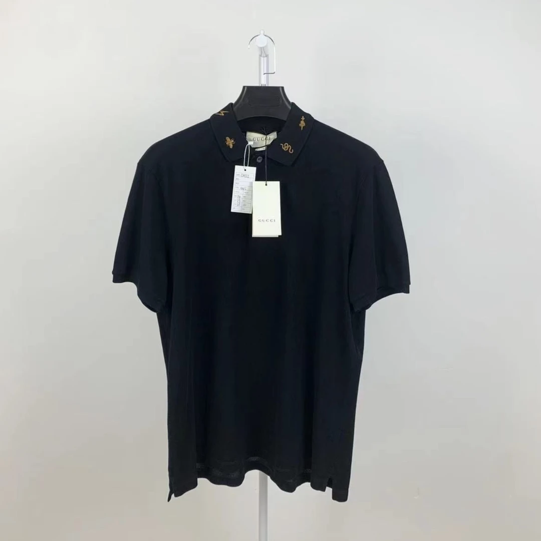 GUCCI/古驰/全新/领口重磅刺绣 黑色短袖polo/尺码L