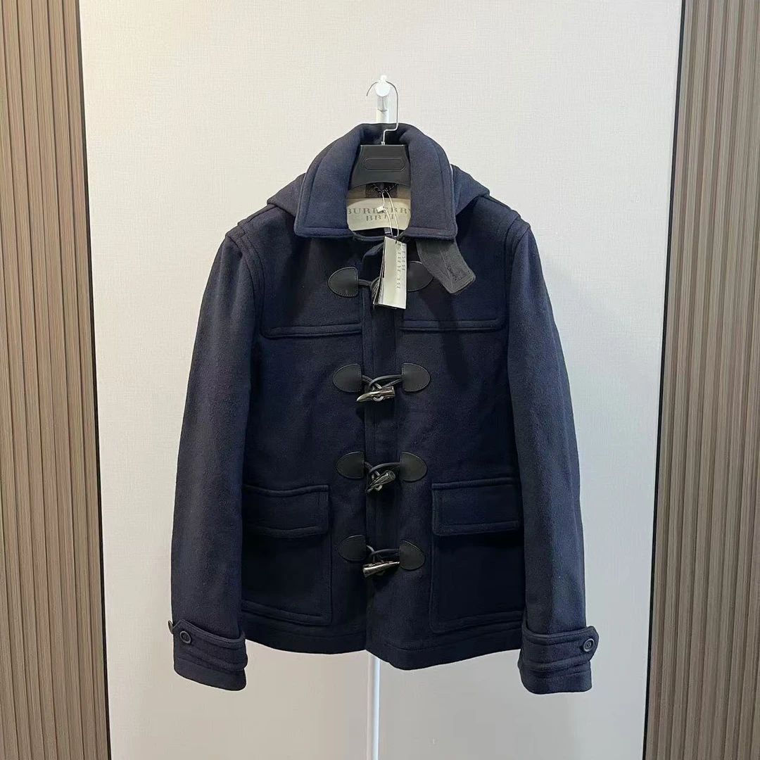 全新未使用 BURBERRY/博柏利 /藏蓝色英产内里格纹羊毛大衣/尺码L