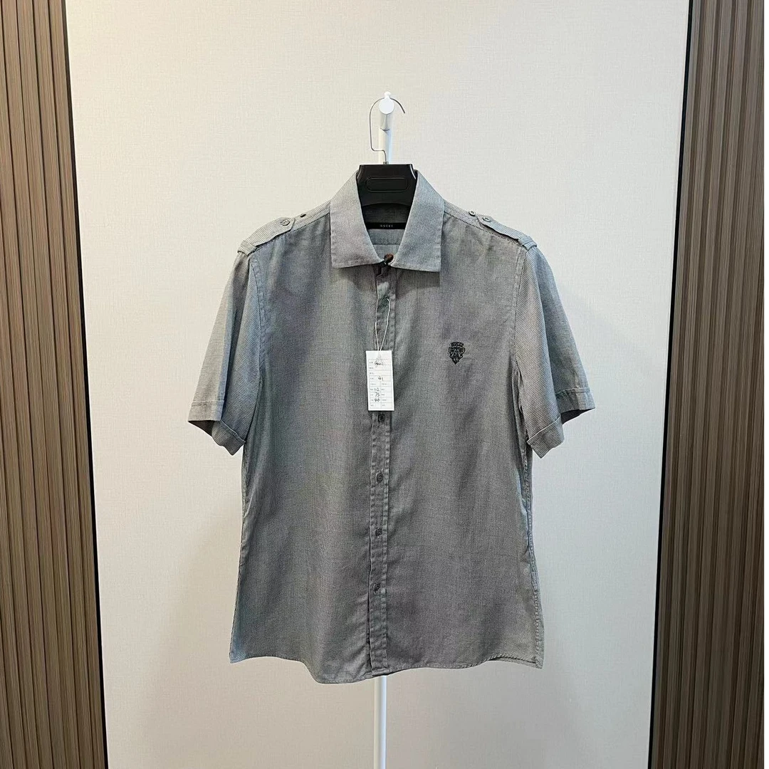 99新 GUCCI/古驰 /黑灰格纹刺绣字母logo休闲短袖衬衫/尺码41
