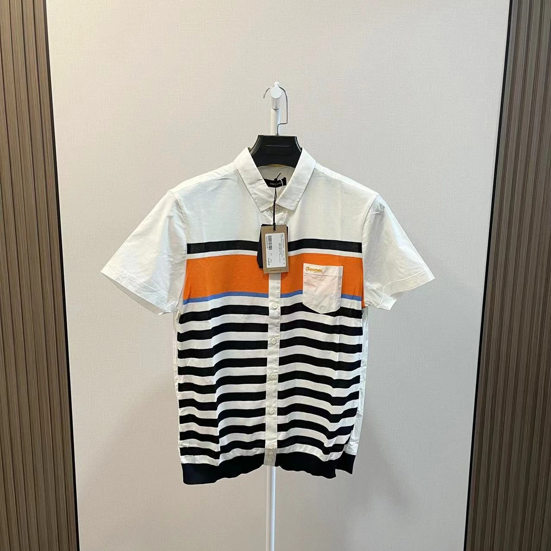 全新未使用  Dsquared2/白橙条纹口袋刺绣字母Logo休闲短袖衬衫