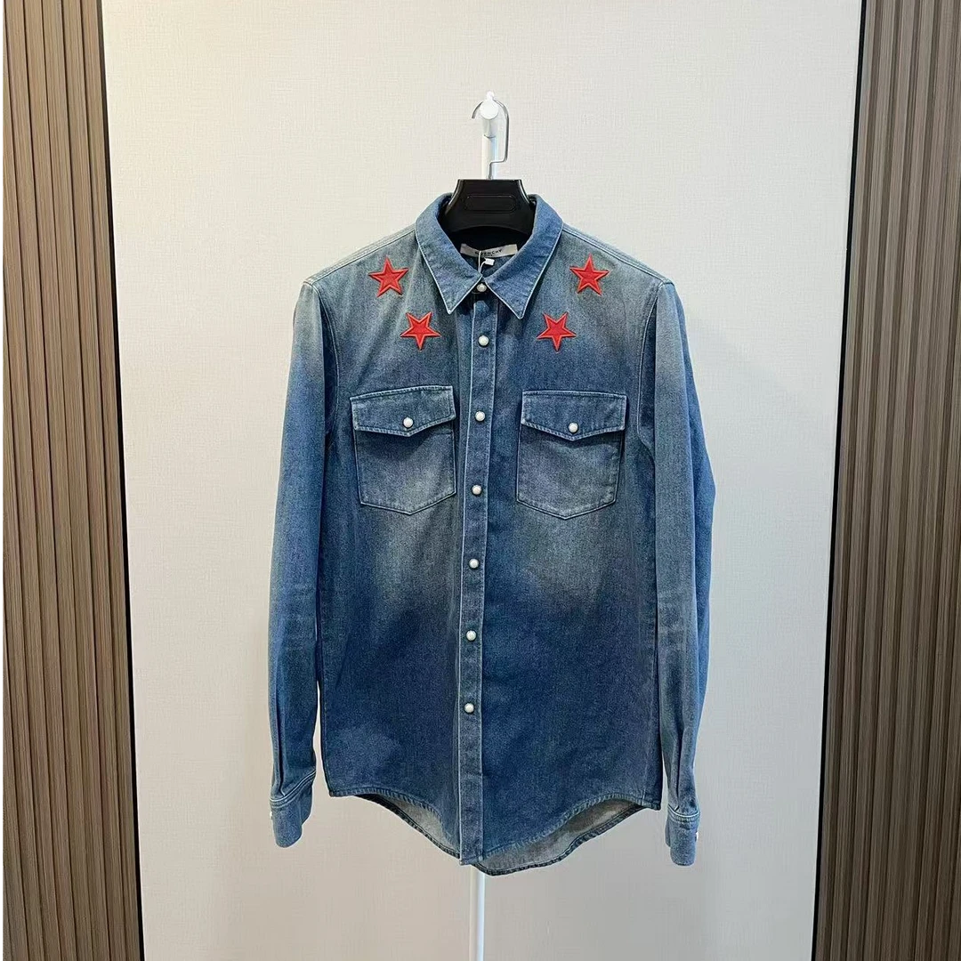 99新 Givenchy/纪梵希 /经典星星贴布蓝色长袖牛仔衬衫外套/尺码L