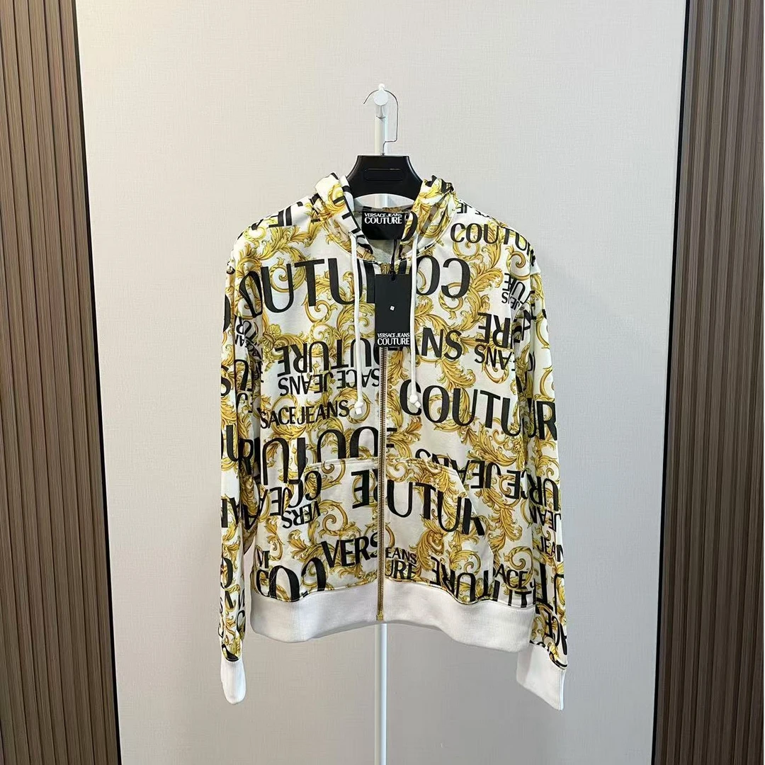 全新未使用 VERSACE/范思哲 /白金花卉弹幕满印Logo拉链连帽外套