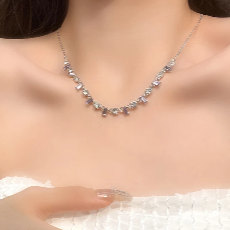 钛钢项链 紫色方形拼接项链女高级感锁骨链颈链-6079