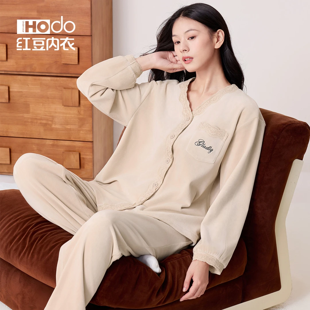 【红豆正品】睡衣女海岛绒抗静电加厚开衫款可外穿秋冬家居服套装