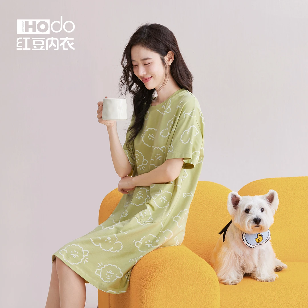 红豆【凉感】女睡裙短袖中裙A类莱卡棉夏季薄款宽松卡通印花家居服