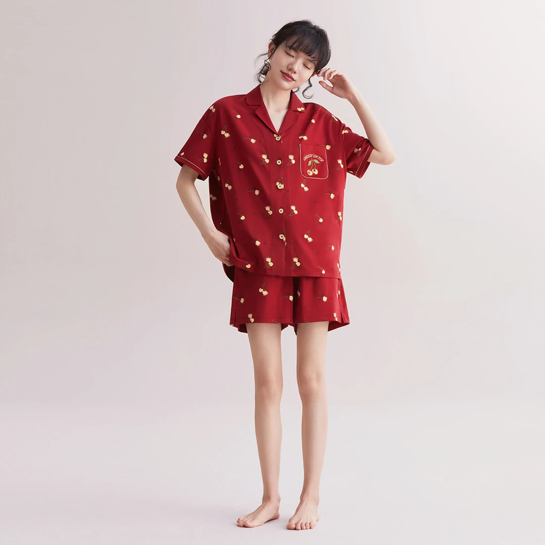 红豆短袖短裤家居服套装红色本命年结婚女士夏季简约凉感翻领睡衣