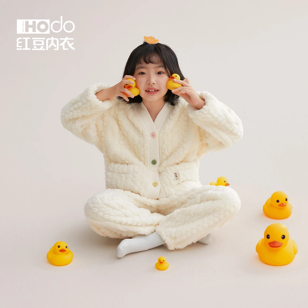 红豆儿童睡衣珊瑚绒加厚女童宝宝学生中大童可外穿秋冬家居服套装