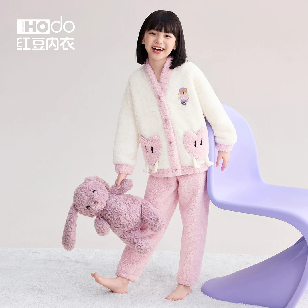 红豆儿童家居服泡泡绒加厚女童可爱甜美开衫款外穿抗静电睡衣套装
