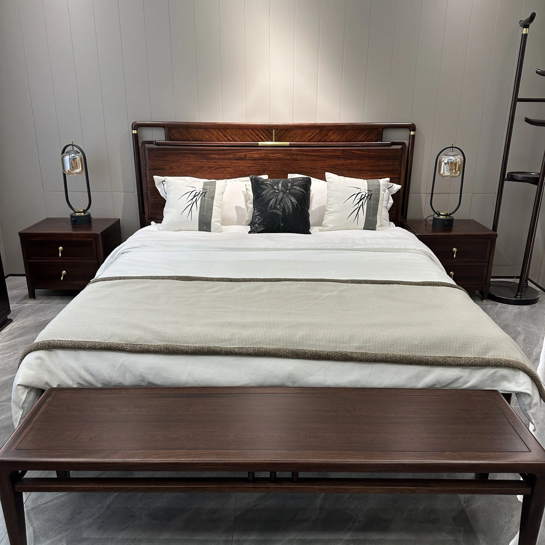 辰艺新中式乌金木实木大床轻奢简约禅意古典主卧室储物胡桃色高箱