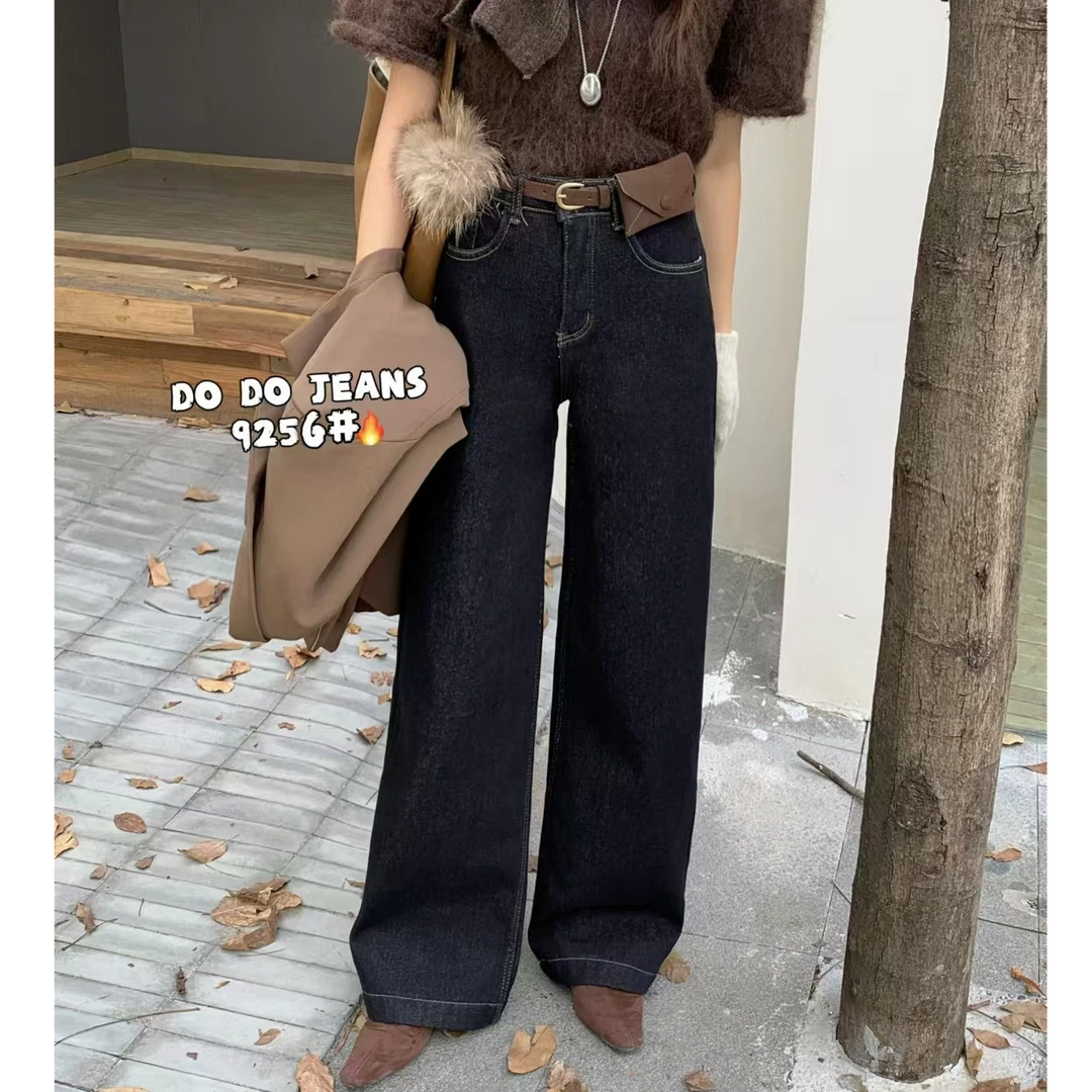 美美服装店9256加厚黑金色直筒牛仔裤高腰显瘦复古风阔腿裤