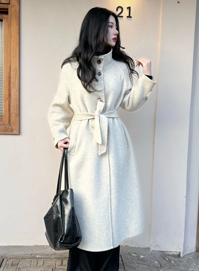 【绒艺】韩版立领慵懒风腰带长款双面羊毛大衣外套RY241004
