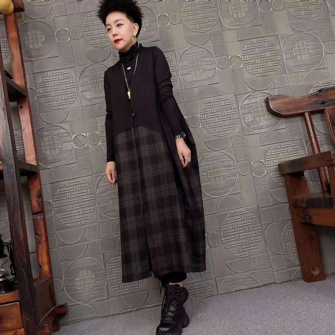 【涓梓马甲】2022新款宽松格子拼接长马甲2284