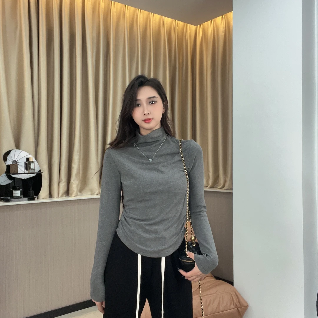 2023纯欲风褶皱半高显瘦打底上衣长袖修身秋冬纸片人上衣