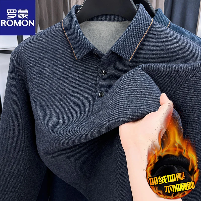罗蒙一体绒长袖t恤男翻领保暖上衣冬季爸爸装加绒加厚打底POLO衫