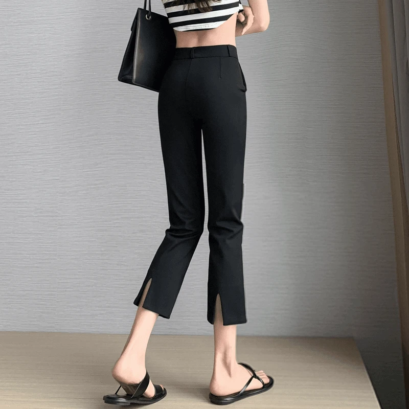 黑色西装裤女2024夏季新款高腰宽松显瘦小个子开叉休闲九分烟管裤