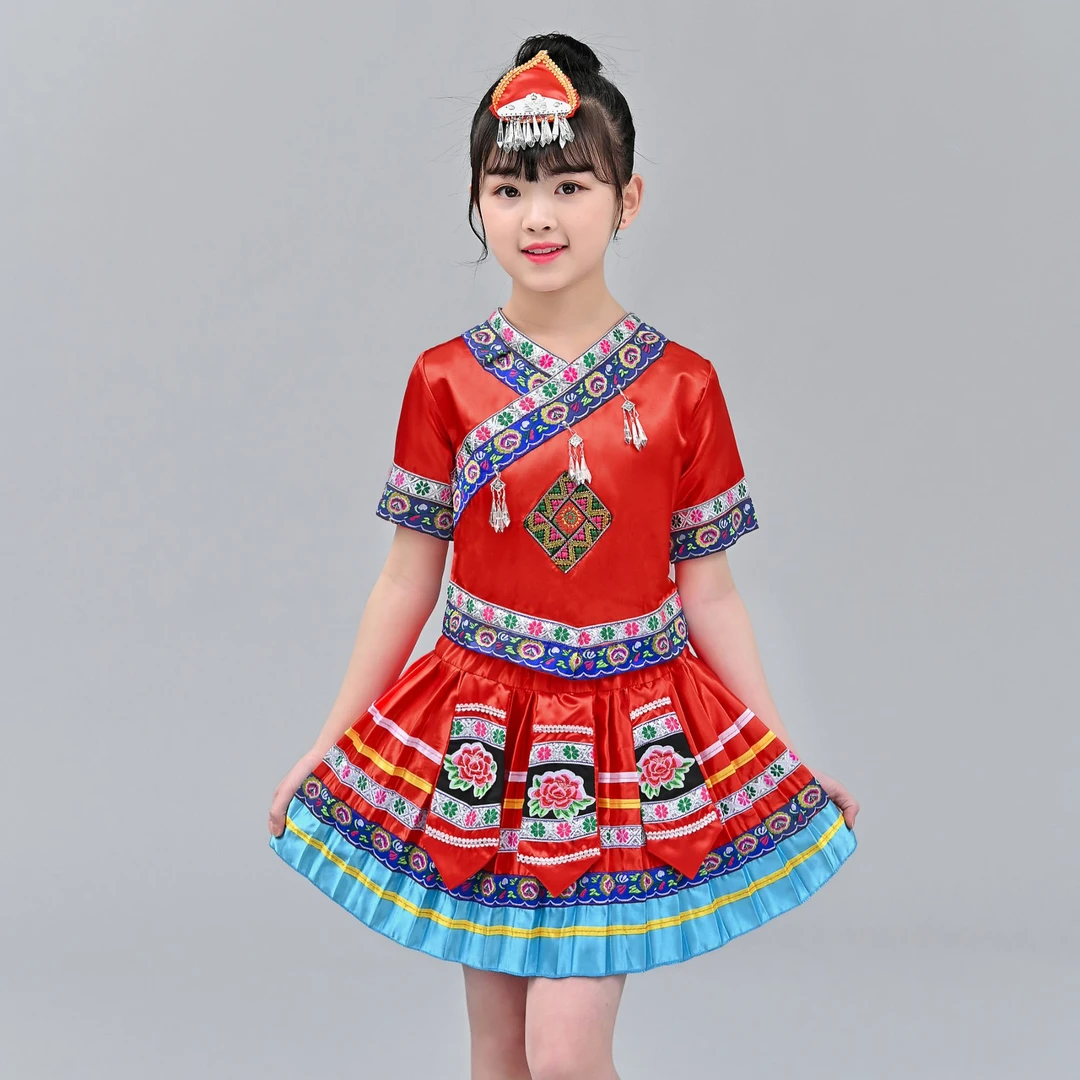 【断码特价款A01红色玫红色】广西三月三壮族服装儿童百褶裙女童