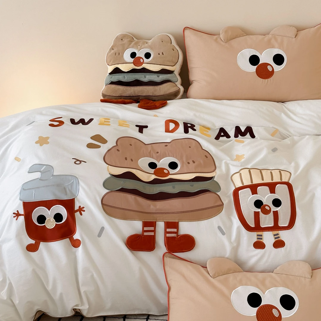 汉堡包 定织纯棉卡通刺绣四件套 柔软透气儿童嵌绳床上用品四季款
