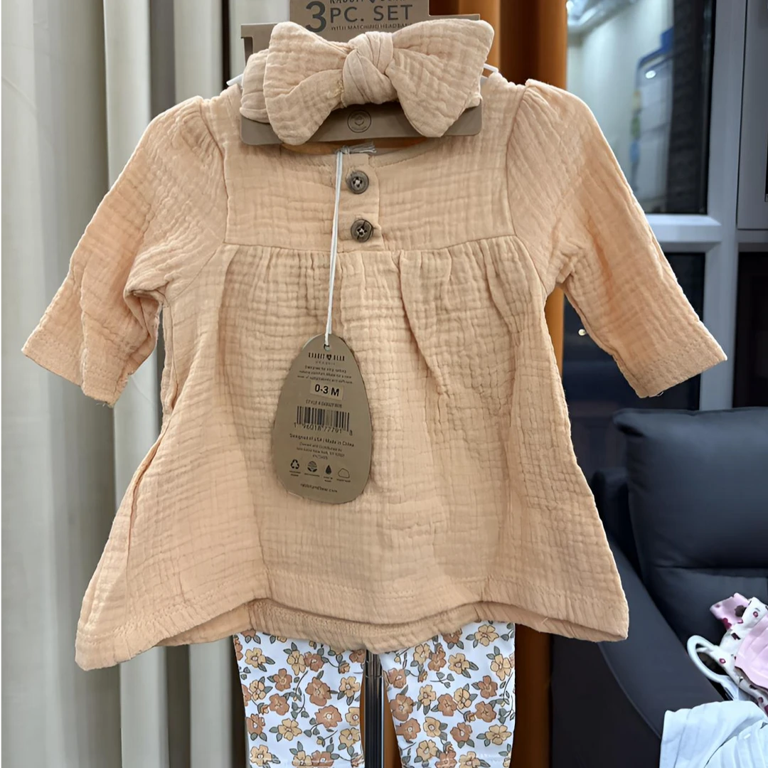 婴儿童装女童连衣裙2024新款休闲柔软舒适纯棉三件套长袖宝宝