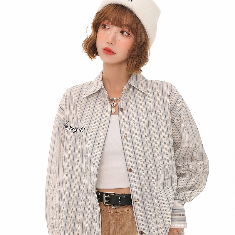 尺尺间Lsland 学院风条纹秋冬百搭内搭宽松长袖衬衫上衣显瘦