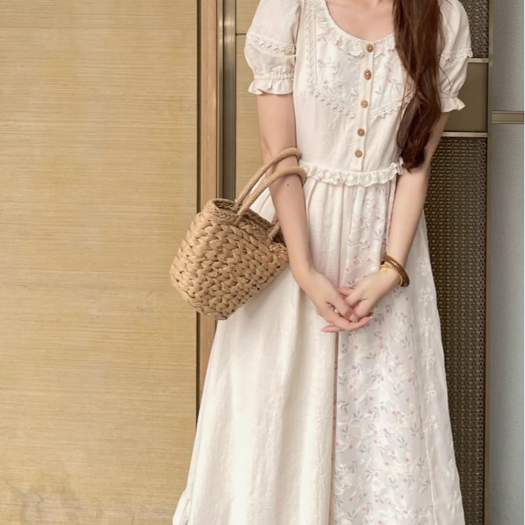 Girlyhalo法式复古温柔重工拼色连衣裙女夏小众度假裙女装连衣裙